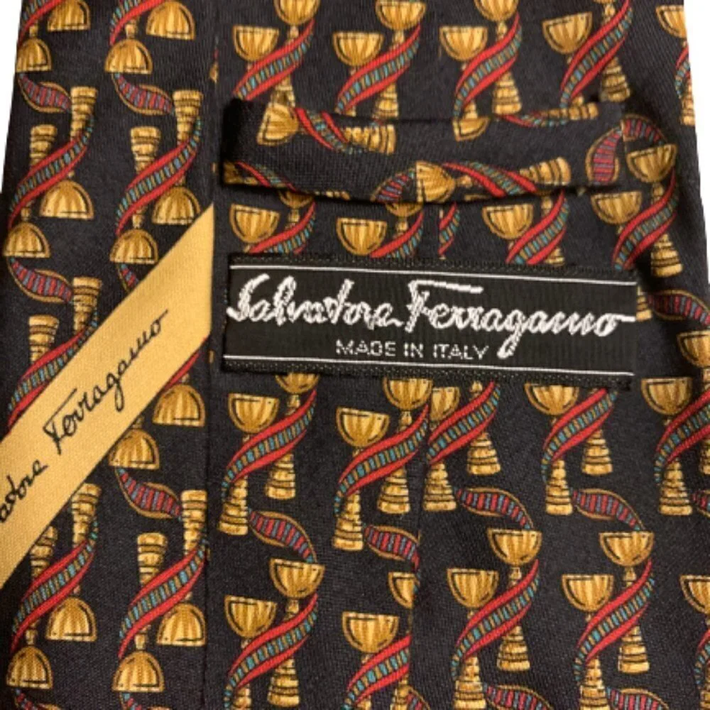 Made in Italy Salvatore Ferragamo 100% Silk Tie Black Background Victory Cups